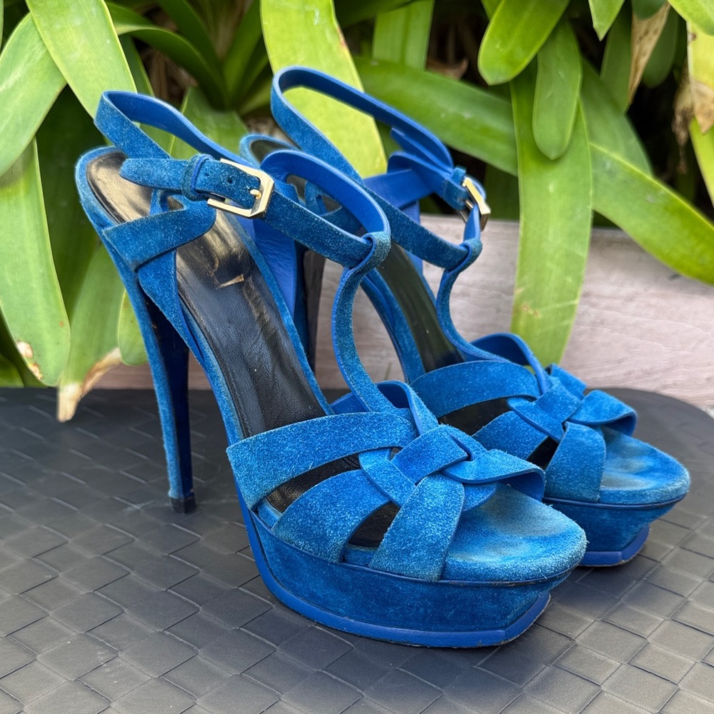 Saint Laurent Royal Blue “tribute” Suede Strappy Heels